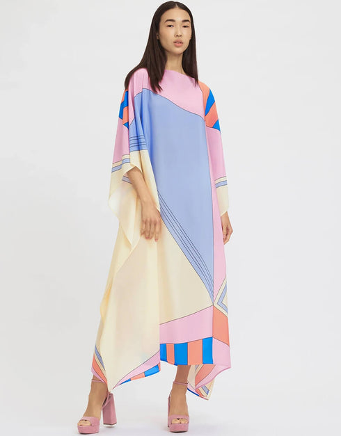 Beige And Violet Latest Soft Silk Crepe Kaftan Closure View